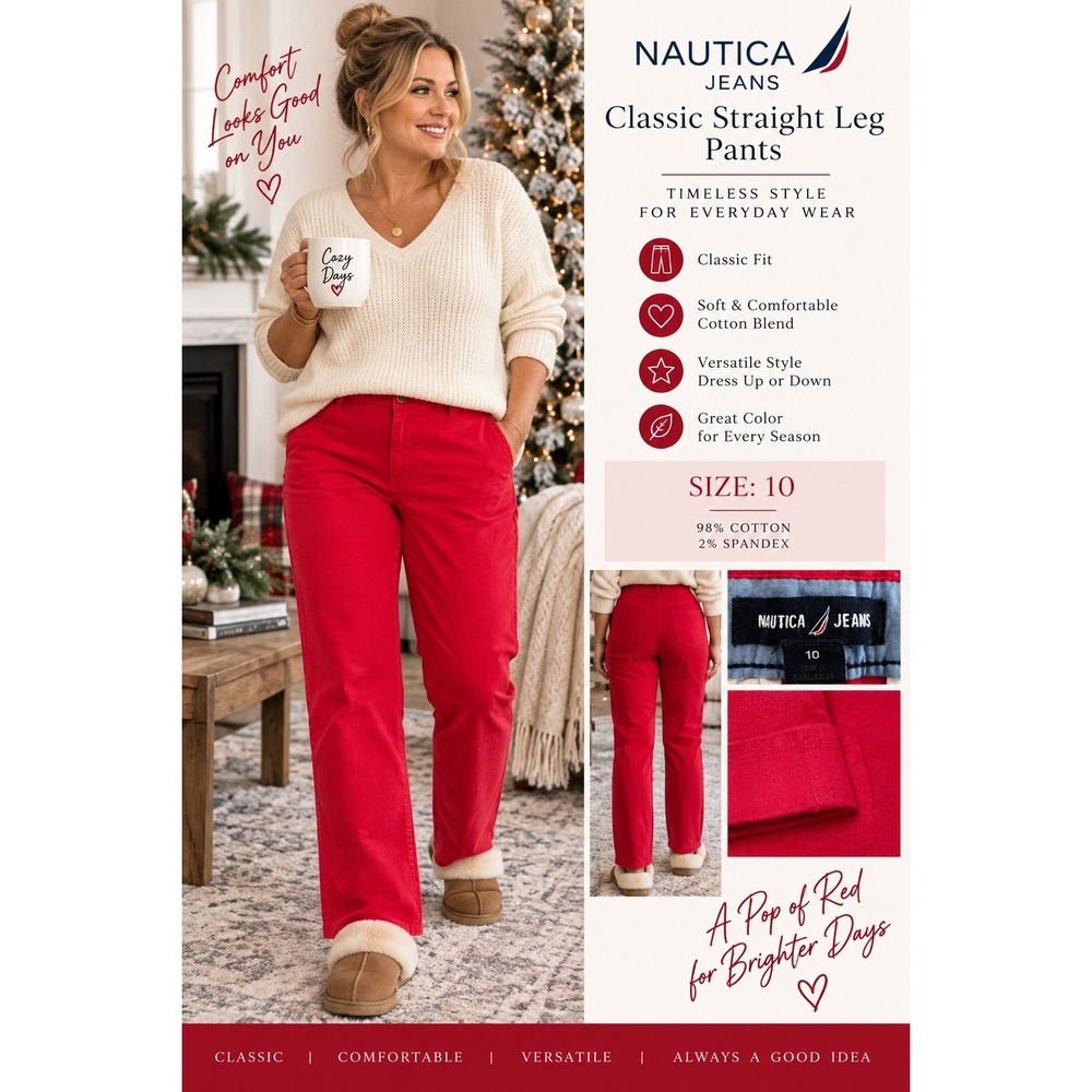 Nautica Jeans Red Classic Straight Leg Pants Womens Size 10 Cotton Blend Stretch